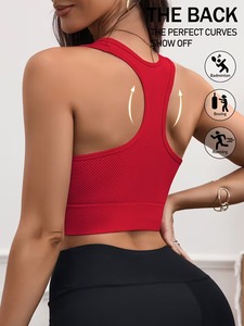 Seamless Ribbed Band Fitness Crop Top | Scoop Neck Racerback <b>Running</b> Sports Bra | Ladies <b>Padded</b> Compression Exercise Wear - Product Image 4