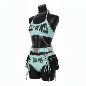 Ensemble de bikini pour femme en coton mélangé premium 220 GSM, vert menthe, avec lacets et logo personnalisé imprimé. - Product Image 3