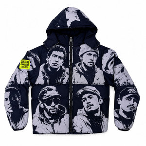 Hooded Collar Front Thick <b>Warm</b> Winter Outdoor Breathable Windproof Canvas Zipper Coated Unisex Fashion Style Print Puffer <b>Jacket</b> - Product Image 5