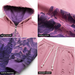Conjunto Deportivo Unisex con Estampado de Montaña, Sudadera con Capucha y Cremallera, Pantalones Acampanados, Corte Holgado, Ropa de Otoño - Product Image 6