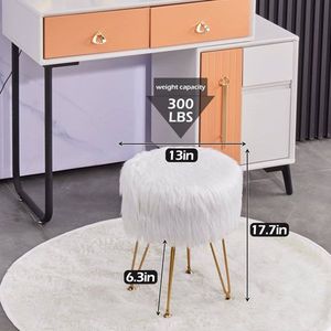 Round Furry <b>Vanity</b> Stool with Marble Tray Compact Soft <b>Makeup</b> Seat Faux Fur Storage Ottoman 4 Metal Legs - Product Image 3