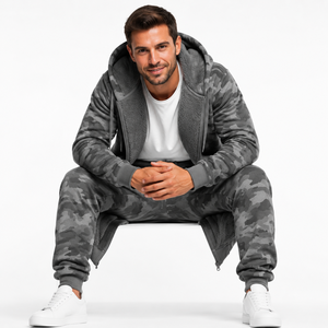 Survêtement à capuche camouflage pour homme, veste zippée longue avec poches latérales, coupe classique, style décontracté, style automne - Product Image 5