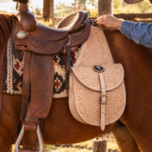 Sacoche de selle robuste en cuir de style western |   Pochette de rangement latérale pour l'équitation avec sangles et boucles sécurisées pour l'équitation en randonnée, le travail à la ferme et les équipements d'équitation - Product Image 2