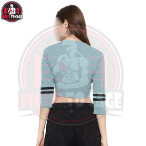 Haut court chic à col rond et manches rayées, en coton mélangé respirant, côtelé, minimaliste, à manches longues, style streetwear pour femme - Product Image 2