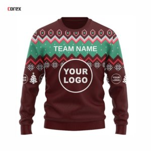 Corex Custom Logo Christmas <b>Sweater</b> Unisex Maroon Knitted <b>Crewneck</b> Pullover Holiday Sublimation Print 100% Cotton Breathable - Product Image 5