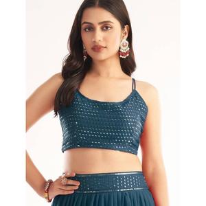 Lehenga choli ชุดต้อนรับ georgette เลื่อมสีน้ำเงินสีน้ำเงินอมเขียวที่น่าสนใจ - Product Image 4