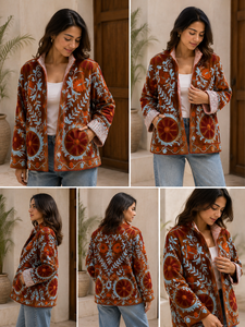 Velvet Sujani Art Embroidered Floral Pattern Open Front <b>Reversible</b> Thick Boho Chic Winter <b>Jacket</b> with Zipper Closure Woven - Product Image 5