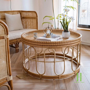 Mesa de Centro Redonda de Mimbre Hecha a Mano Estilo Boho, Muebles Naturales para Sala de Estar y Decoración de Interiores, Venta al Por Mayor - Product Image 4