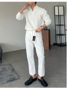 Pull en maille blanc à col montant zippé, manches longues, couleur unie, 100 % coton, style minimaliste, pour femme, collection automne - Product Image 5