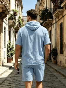 Men's Cotton Hooded Short Sleeve Shirt Set Solid Casual Summer Breathable Woven Quick Dry 120g 2pcs Customized Brand - Product Image 6