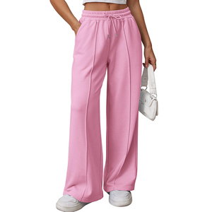 Pantalon de survêtement rose pour femme, coupe large, taille haute, en coton élastique, décontracté, longueur intégrale, avec poches - Product Image 4