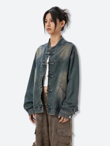 Chaqueta de Mezclilla Lavada con Cuello Mandarín Estilo Chino, Unisex, Otoño, Corte Holgado, Cierre de Botones, Color Sólido, Manga Regular - Product Image 1