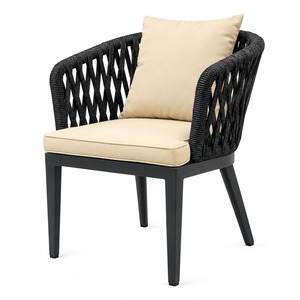 Chaise de salle à manger moderne en corde noire avec coussin beige, pour extérieur, patio, restaurant, structure en aluminium, livraison aux États-Unis - Product Image 1