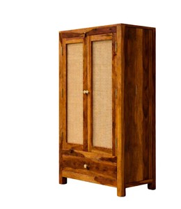 Wholesale Boho <b>Solid</b> <b>Wood</b> Rattan Cabinet 2 Door Woven Cane Storage Cupboard with Bottom Drawer | Pindel Handicraft - Product Image 5