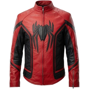 Chaqueta de cuero genuino para hombre, color rojo y negro, con cuello alto, cremallera, emblema de araña, estilo vintage, delgada, a prueba de viento, para invierno. - Product Image 6