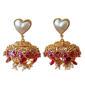 Peacock Style Large Matte Brass Jhumka Earrings with Pearl and Heart Stud - Product Image 3