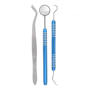 Juego de instrumentos quirúrgicos dentales con mango rojo, 3 piezas: espejo, pinzas y explorador, con agarre manual moleteado plateado, certificado CE Clase I - Product Image 2