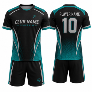 Conjunto Deportivo para Hombre, Color Negro y Verde Azulado, Sublimado, Transpirable, de Poliéster de Secado Rápido, Cuello en V, Manga Corta, Cintura Elástica, Diseño Deportivo - Product Image 1