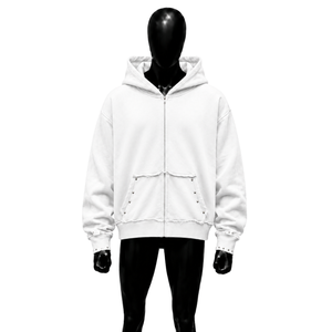 Sweat à capuche zippé oversize blanc pour homme, manches classiques, couleur unie, en coton molletonné épais, style décontracté urbain, pour l'automne - Product Image 1