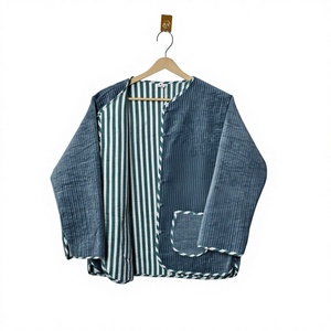 Handmade Reversible Knitted Quilted Corduroy Embroidery Unisex Blue Cotton <b>Lightweight</b> Winter Breathable Boho Casual Wear <b>Jacket</b> - Product Image 4