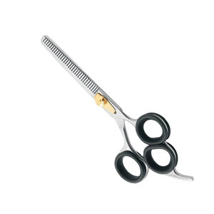 Stainless Steel Hair <b>Thinning</b> Scissors With Black Silicone Finger <b>Rings</b> Gold Tension Screw And Texturizing Teeth - Product Image 1
