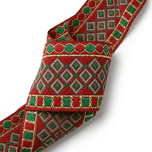 Cinta Jacquard Étnica de 38 mm con Bordado Dorado, Rojo y Verde, Encaje Geométrico Tejido para Prendas, Lazos y Ropa Festiva - Product Image 1