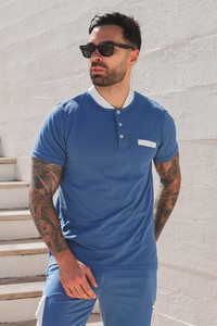 Blue Summer Casual Breathable Satin Men's Crew Neck <b>Knitted</b> Short <b>Set</b> Custom Brand - Product Image 4