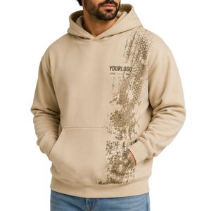 Sweat à capuche personnalisé pour homme, beige, en molleton de coton épais, imprimé graphique, style streetwear, fabrication de vêtements sous marque privée - Product Image 1