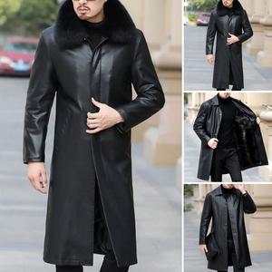 Men's Long Genuine <b>Leather</b> Quick Dry Knitted Coat Full Sleeve Turn-down Collar Single Breasted Winter Wear Solid Color Black - Product Image 6
