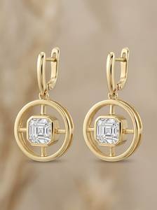 18K Yellow Rose Gold Hoop <b>Earrings</b> Circle Drop <b>Earrings</b> Octagon Stone <b>Dangle</b> Jewelry for Women Party - Product Image 2