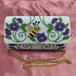 Personalized Custom Glass Beaded Tote Bag Custom Color Shape Wedding Bridesmaid Gift Blue Floral Design <b>MS</b> Handicraft Certified - Product Image 1