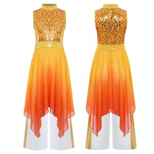 6-16 Kids <b>Girls</b> Liturgical Worship Praise Dance Outfit Tunic <b>Dress</b> With Metallic Wide-Leg Pants <b>For</b> Lyrical Dance Contemporary - Product Image 4