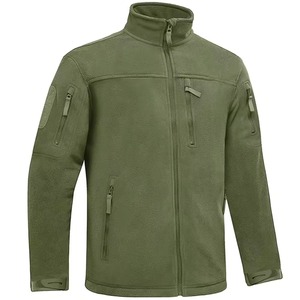 Men's Olive Green Fleece <b>Jacket</b> Stand Collar Zipper Closure Multiple Pockets Breathable Regular Fit Outdoor Wear - Product Image 1