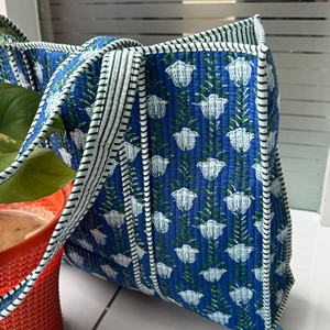Floral Handprinted Large Quilted Women's Tote <b>Bags</b> Boho <b>Overnight</b> Weekender Beach Tote Eco-Friendly Shopping Grocery Travel <b>Bags</b> - Product Image 5