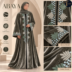 Tissu en velours olive charbon brodé de feuilles avec des paillettes argentées |   Tissu texturé brillant pour robe Abaya et tenues de cérémonie - Product Image 5