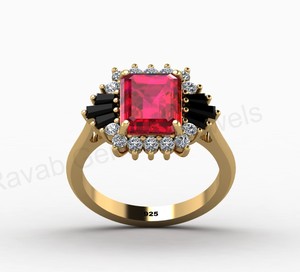 18K Gold 925 <b>Silver</b> Black Onyx & Ruby Quartz <b>Emerald</b> Cut Halo <b>Ring</b> CZ Prong Setting Engagement <b>Ring</b> Dainty Fine Jewelry For Her - Product Image 2
