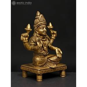 รูปปั้นทองเหลืองขนาดเล็กทำด้วยมือขนาด4นิ้วรูปปั้นเทพีลักษมีพร้อมท่าอวยพรสำหรับตกแต่งบ้านและวิหารผลิตในอินเดีย - Product Image 3
