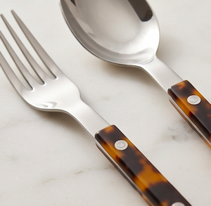 Juego de cubiertos vintage de 5 piezas de acero inoxidable con mangos de imitación de caparazón de tortuga, apto para lavavajillas, cuchillo, tenedor y cuchara para servir. - Product Image 2