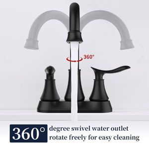 Rubinetto per lavabo nero opaco a 2 maniglie con rotazione a 360° e scarico a soffietto, interasse 6 pollici, rubinetto da 6 pollici per mobile bagno - Product Image 4