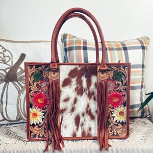 Bolso Tote Casual de Cuero Genuino para Mujer, Estilo Bohemio Occidental, con Flecos de Piel de Vaca, Flores y Borlas, Color Personalizado - Product Image 4