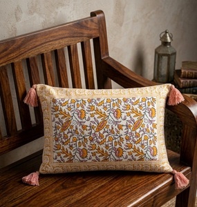Handcrafted Block <b>Print</b> Floral Lumbar <b>Cushion</b> Cover in Mustard Yellow, Pink, and Off-White with Tassels, OEM Service16X24 - Product Image 3
