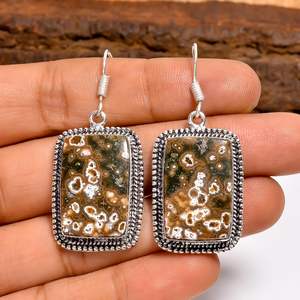 Boucles d'oreilles pendantes en jaspe océanique, motif orbiculaire vert et blanc, style bohème, en argent sterling 925, bijoux faits à la main, cadeau pour femmes - Product Image 3