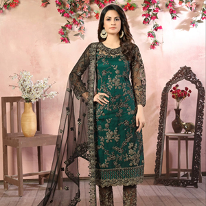 Embroidered Net Semi-Stitched Indian Ladies Wedding Wear Salwar Suit-Ethnic Knee-Length Regular Fit - Product Image 1