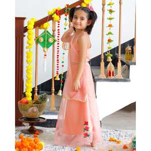 Ensemble Lehenga en organza rose peint à la main sans manches pour filles Keshavi, pour 1 à 2 ans - Product Image 4