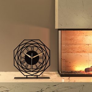 Modern Geometric Metal Table <b>Clock</b> Decorative Black Iron Roman Numeral <b>Clock</b> with Gold <b>Hands</b> Contemporary Decorative Centerpiece - Product Image 3