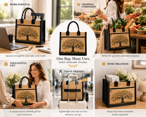 <b>tree</b> print laminated jute tote <b>bag</b> eco friendly reusable shopping <b>bag</b> with zipper pocket custom wholesale - Product Image 3