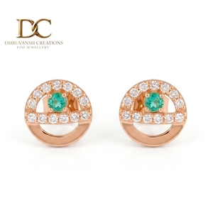 Boucles d'oreilles clous en or rose massif 14 carats certifiées IGI avec diamant de laboratoire et émeraude colombienne pour femme, bijoux à taille brillante ronde - Product Image 1