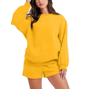 Ensemble sweat-shirt et short pour femme, jaune uni, col rond, coupe ample, manches longues, style décontracté, streetwear, vêtements de sport, OEM ODM, vente en gros - Product Image 5