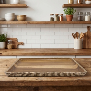 Food Grade Suar Wood With White Coconut <b>Shell</b> Large Square Serving Tray <b>Light</b> Brown Forty And Thirty Centimeters Premium Quality - Product Image 3
