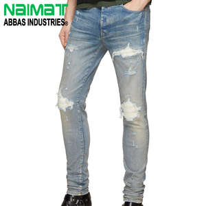 <b>Mens</b> Light Blue Ripped Biker Jeans Distressed Skinny Fit Denim Pants Ribbed Patch <b>Stretch</b> Slim Hip Hop Trousers - Product Image 1